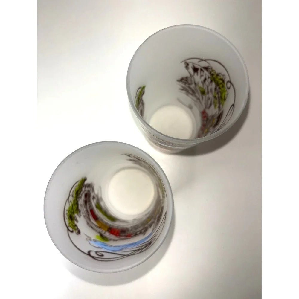 Vintage Currier & Ives Frosted Drinking Glass Railroad Scene 12oz Set of 2 1960s